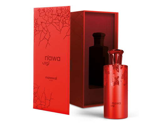 Nawa Eau de Parfum (100ml) in a striking red bottle with intricate floral design.