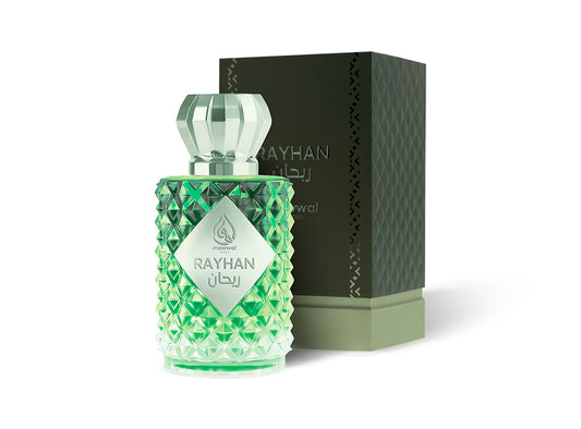 Rayhan Eau de Parfum bottle and packaging with a green design on a white background.