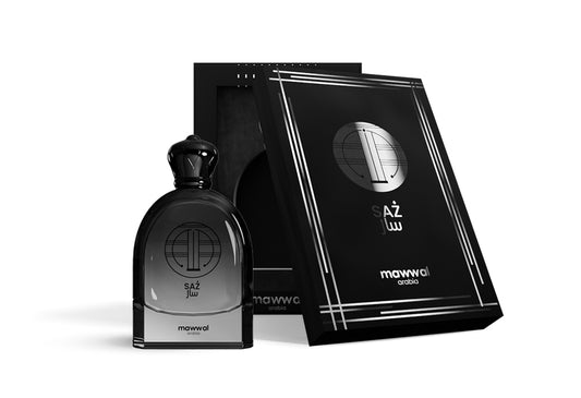 Saz Eau de Parfum bottle showcasing a modern design for a citrus & spicy masculine fragrance.