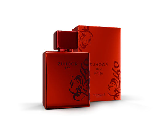 Zuhoor Red Eau de Parfum bottle featuring a sleek red design with elegant branding.