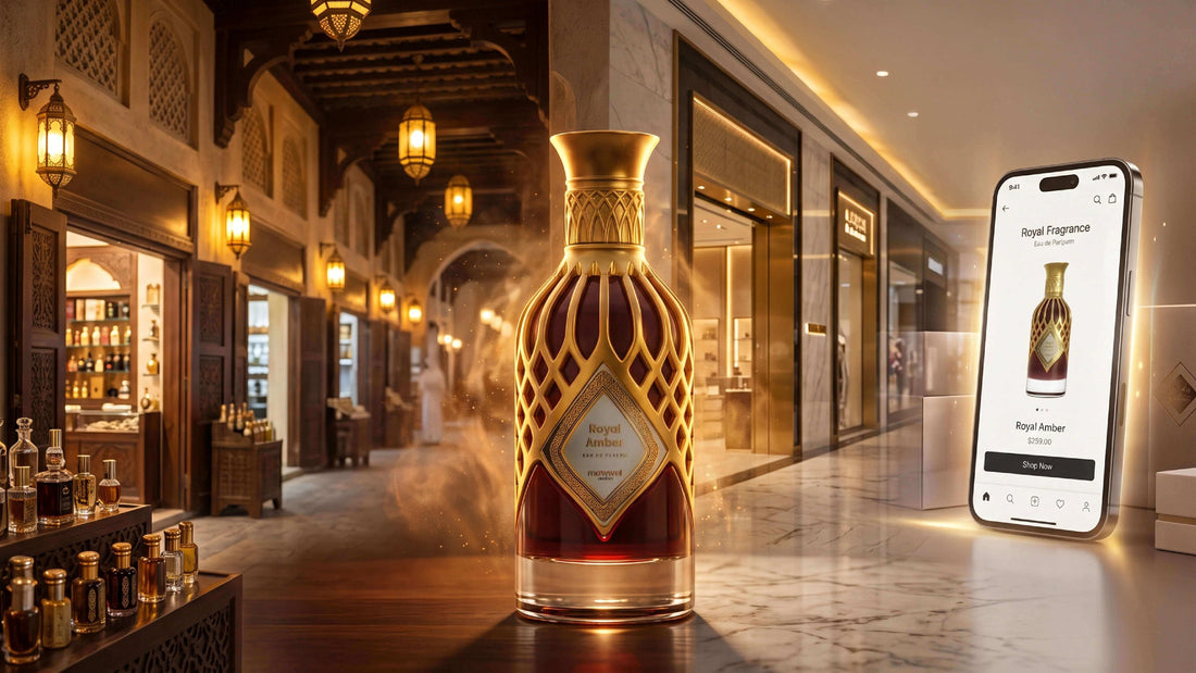 Authentic Arabic perfume bottle displayed in a luxurious Dubai souk and modern shopping mall setting