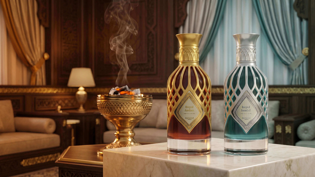Royal Amber and Royal Santal perfumes displayed with traditional bakhoor in a luxury setting
