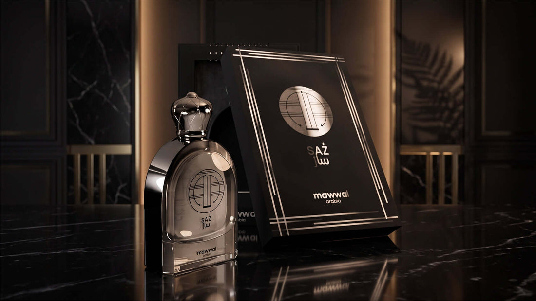 Luxury Saz Fougere perfume for men by Mawwal Arabia with elegant black packaging.