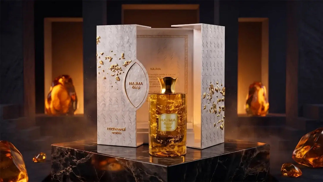 Luxury Najma Arabic perfume bottle and packaging by Mawwal Arabia