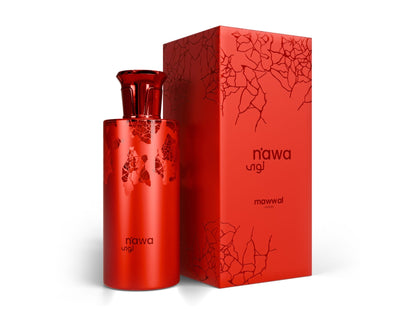 Nawa Eau de Parfum (100ml) in a striking red bottle with intricate floral design.