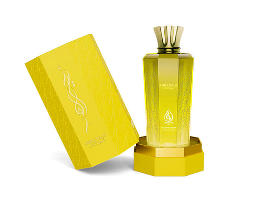 Asir LQalb Eau de Parfum (100ml) - Citrus woody unisex fragrance in an elegant yellow bottle.
