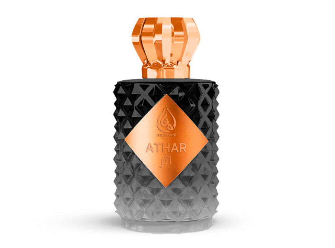 Athar Eau de Parfum bottle with a stylish black and gold design, showcasing its luxury and elegance.