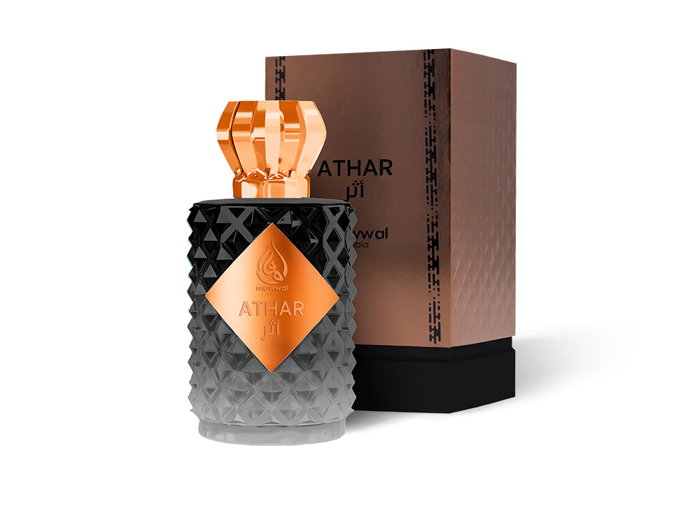 Athar Eau de Parfum bottle with elegant packaging showcasing its unique design and luxurious appearance.