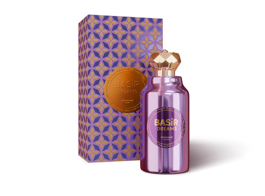 Basir Dream Eau de Parfum bottle and box design featuring a vibrant pattern.