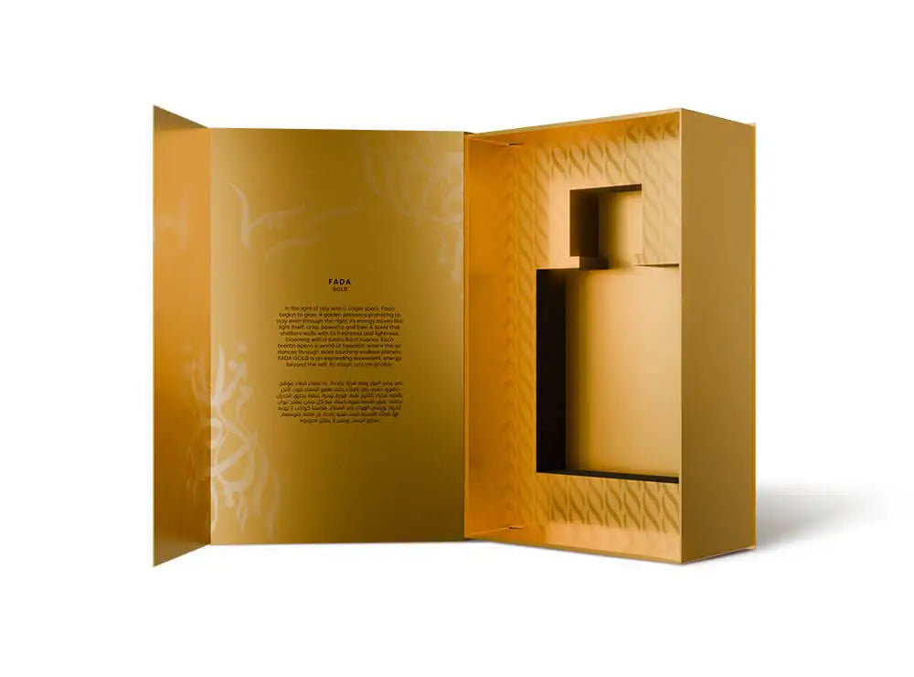 Fada Gold Eau de Parfum presented in a luxurious gold package, showcasing its elegant design and uplifting fragrance.