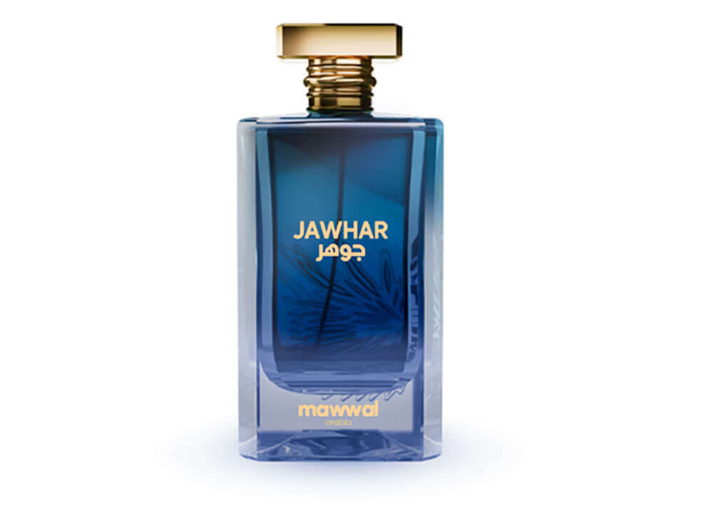 Jawhar Eau de Parfum bottle with blue hues and gold accents, showcasing elegant fragrance design.