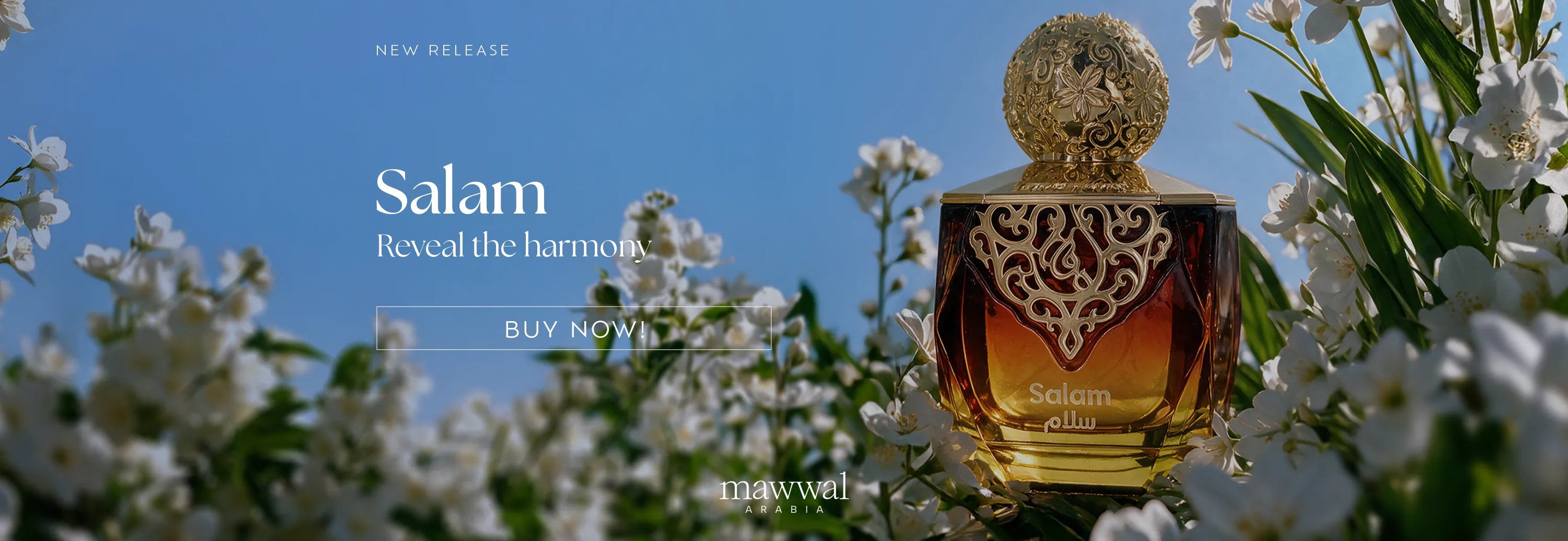 Mawwal Salam Eden floral woody Arabic perfume for women 100ml EDP, amber bottle in white blossoms, Dubai UAE