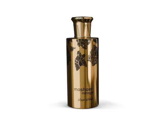 Mashaer Mirage Eau de Parfum bottle with elegant gold design and floral accents.