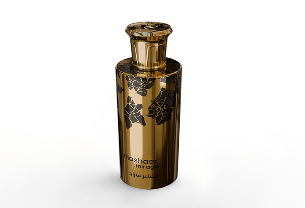 Mashaer Mirage Eau de Parfum bottle with elegant design and floral accents on a white background.
