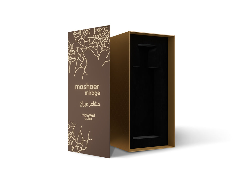Mashaer Mirage Eau de Parfum packaging design featuring sleek box and elegant branding.