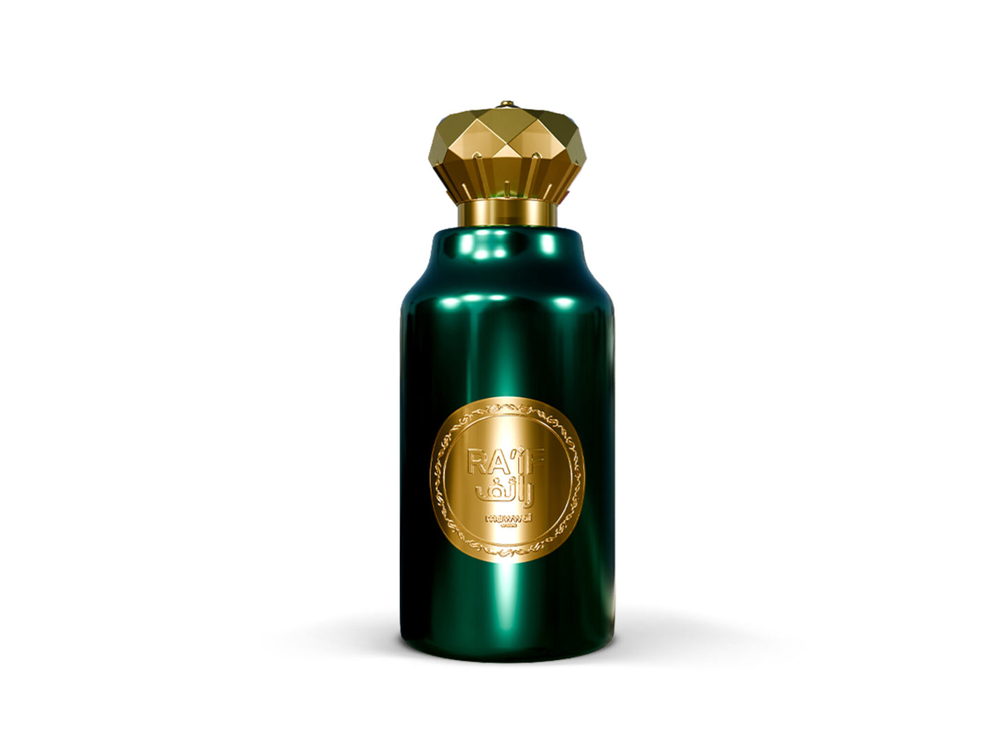 Raif Eau de Parfum bottle with green metallic finish and golden cap, showcasing its bold oriental woody fragrance.