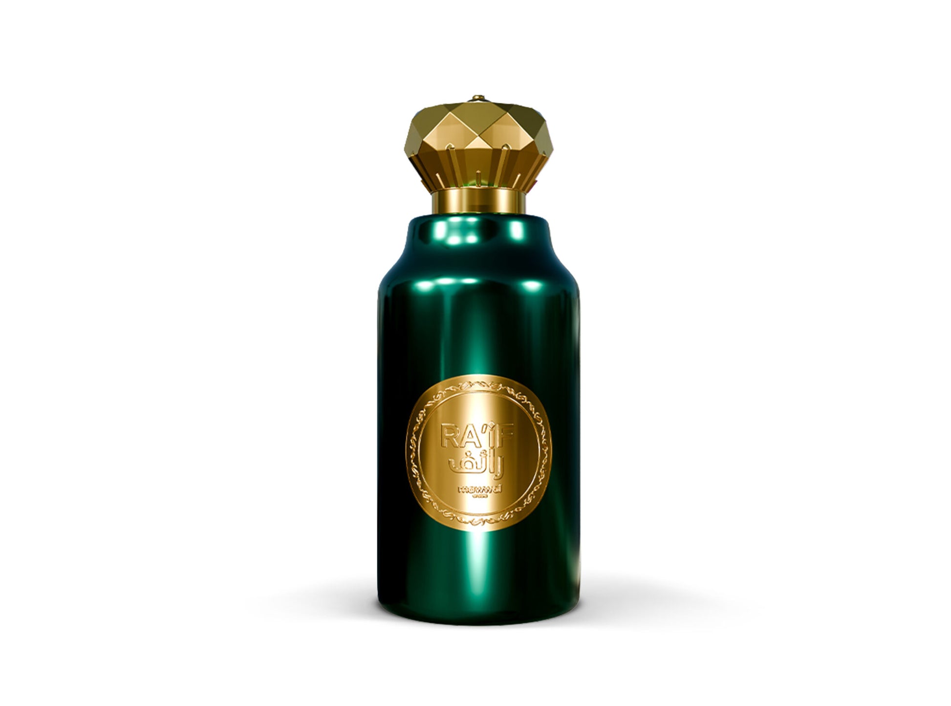 Raif Eau de Parfum bottle with green metallic finish and golden cap, showcasing its bold oriental woody fragrance.