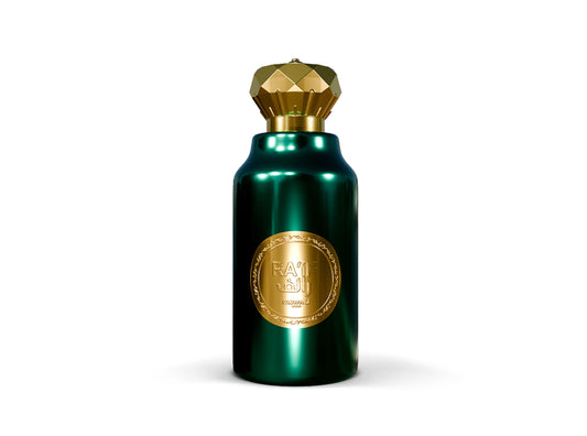 Raif Eau de Parfum bottle with green metallic finish and golden cap, showcasing its bold oriental woody fragrance.