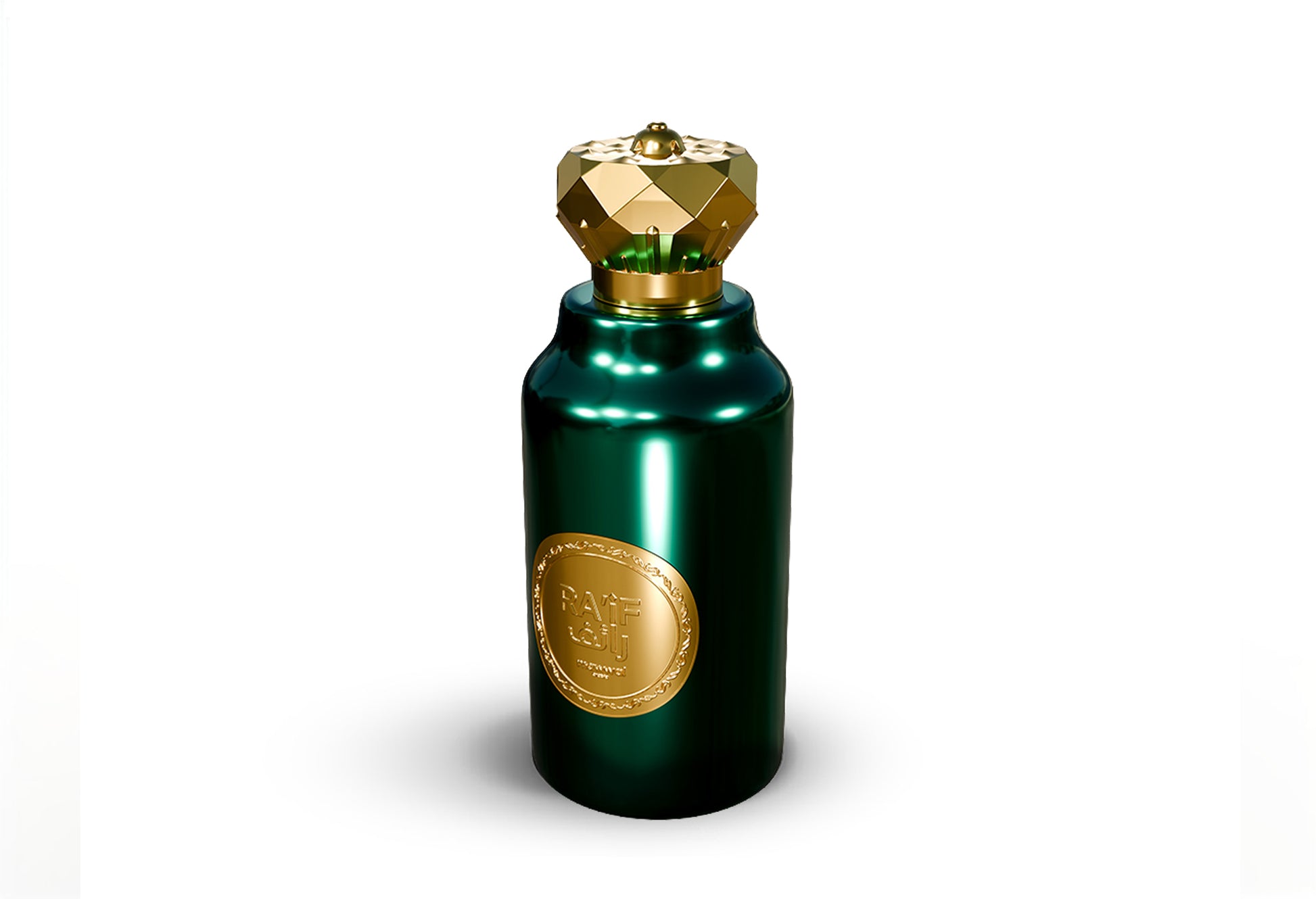 Raif Eau de Parfum bottle with a golden cap and green metallic finish, showcasing bold oriental woody fragrance for men.