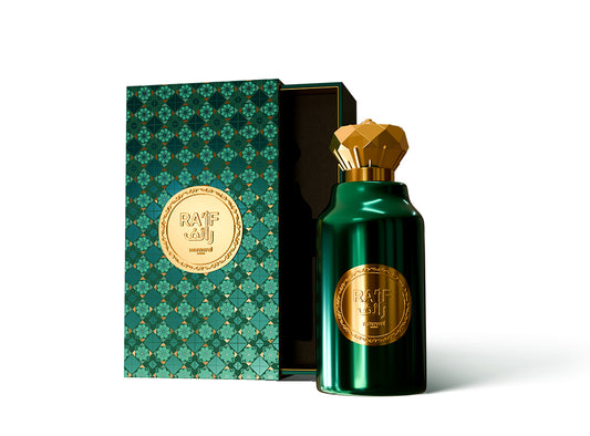 Raif Eau de Parfum packaging and bottle showcasing bold oriental woody fragrance for men.