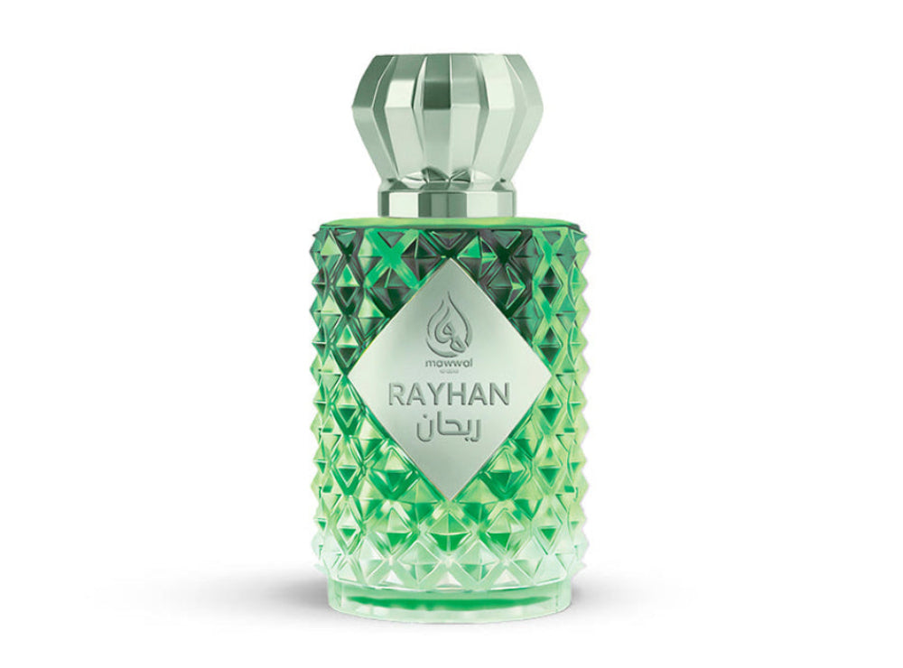 Rayhan Eau de Parfum bottle, green diamond-shaped design with silver accents.