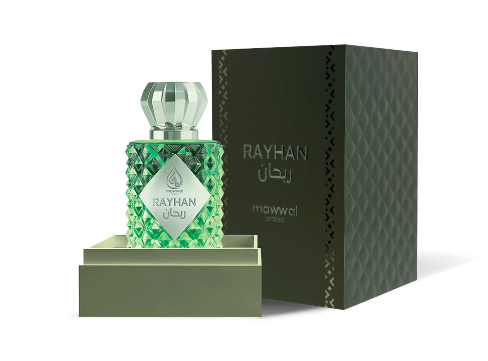 Rayhan Eau de Parfum bottle and packaging, showcasing its unique design and branding.