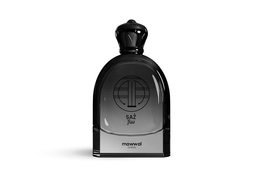 Saz Eau de Parfum bottle showcasing a modern design for a citrus & spicy masculine fragrance.
