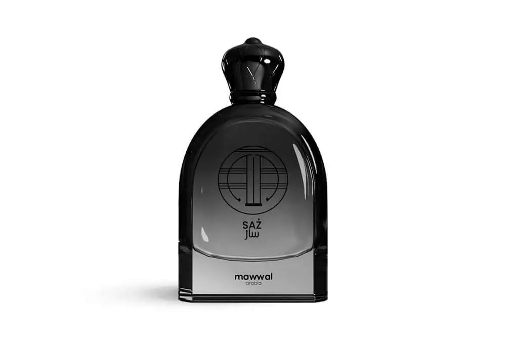 Saz Eau de Parfum bottle showcasing a modern design for a citrus & spicy masculine fragrance.