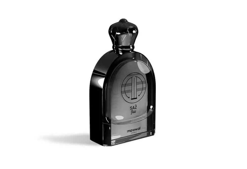 Saz Eau de Parfum bottle showcasing a modern design for a citrus & spicy masculine fragrance.