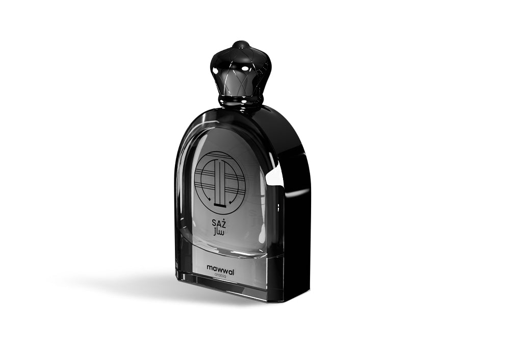 Saz Eau de Parfum bottle showcasing a modern design for a citrus & spicy masculine fragrance.