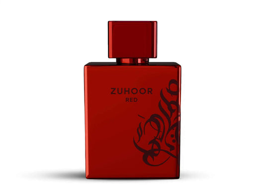 Zuhoor Red Eau de Parfum bottle featuring a sleek red design with elegant branding.