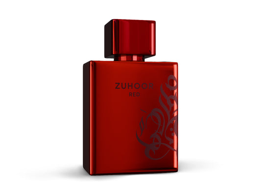 Zuhoor Red Eau de Parfum bottle featuring a sleek red design with elegant branding.